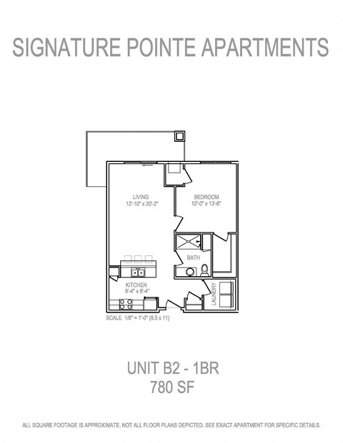 Floor plan for 1 bed, 1 bath, 780 sqft